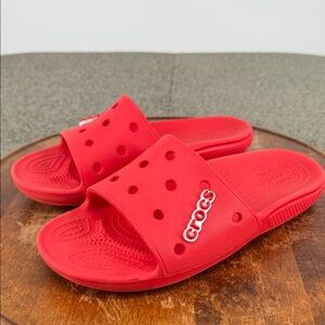 CROCS Sandals Mens 7 Wm 9 Red Red Slides Athletic Casual Jibbitz